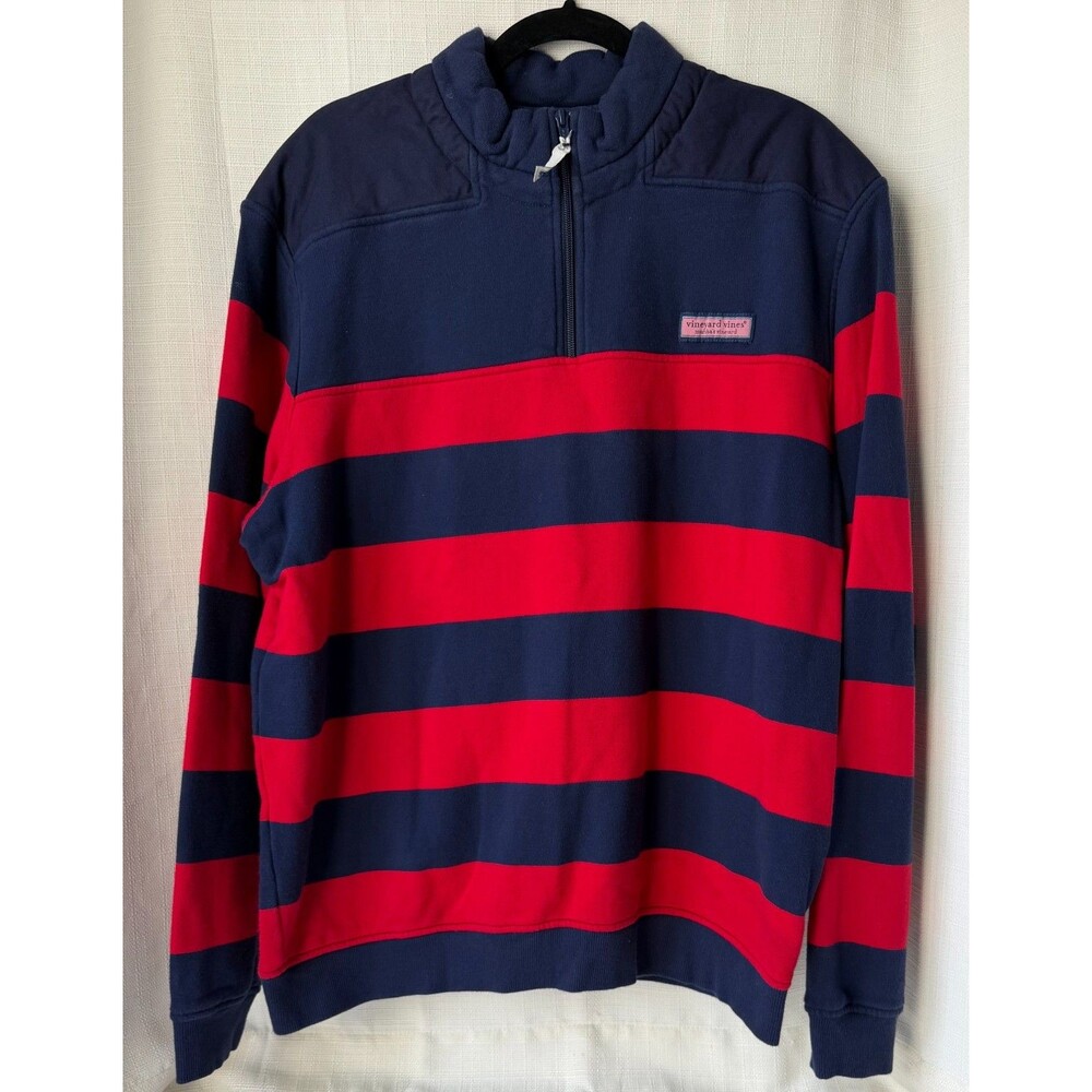 Vineyard Vines Shep Ian Mens L 1/4 Zip Pullover Red Navy Striped Cotton